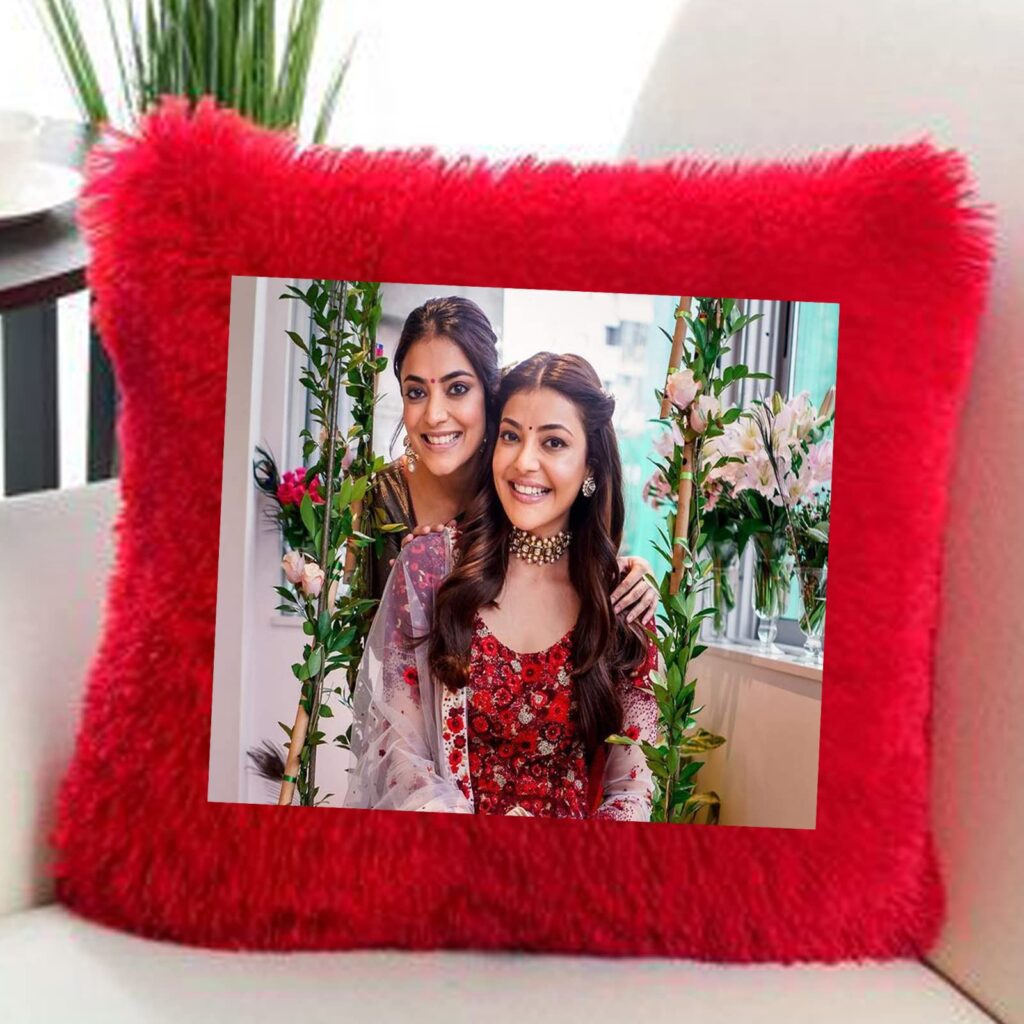 Red Square Shape Fur Cushion Pillow Personalized With Photo